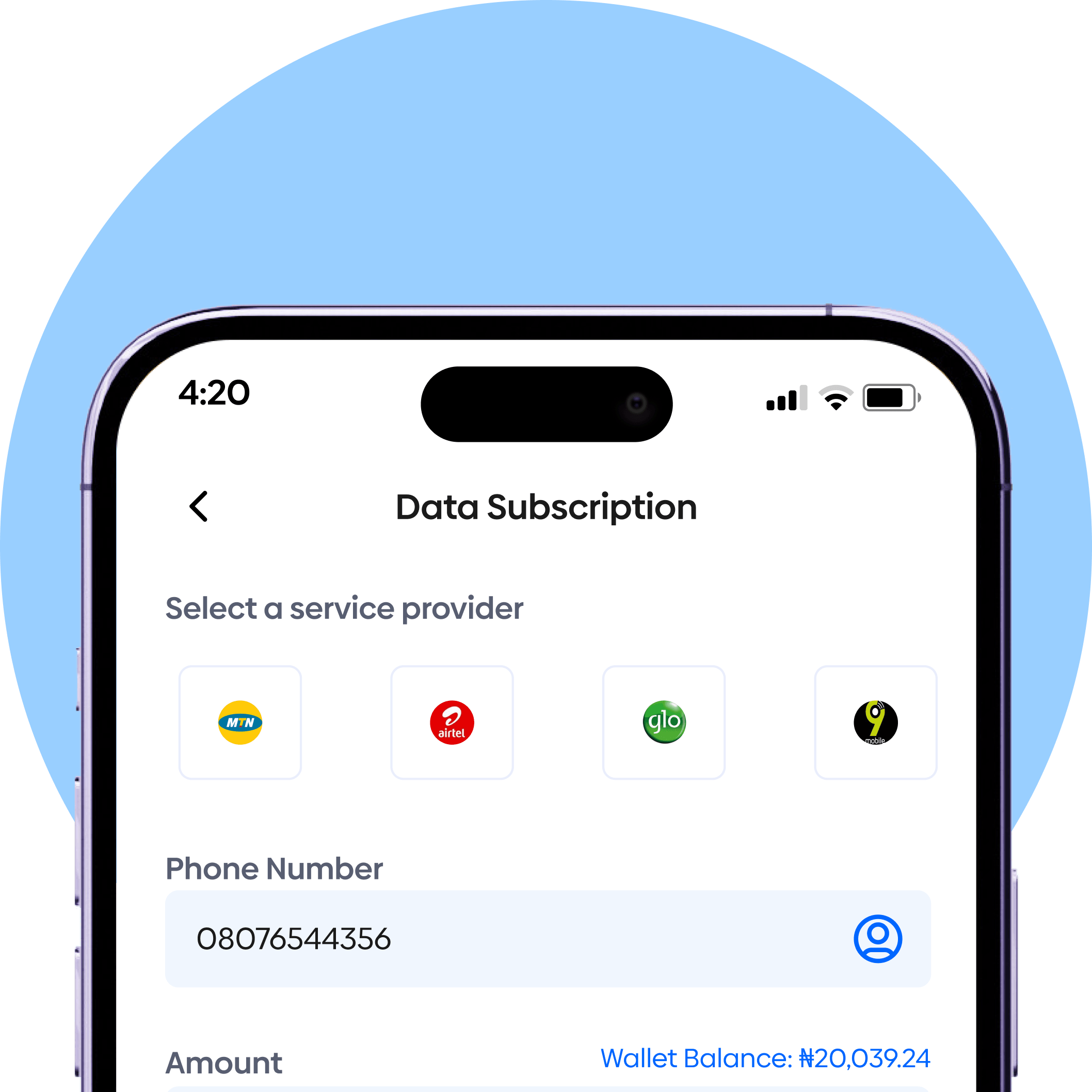 Coast data subscription screen